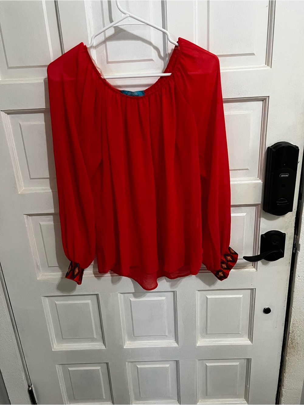buttons Red Long-Sleeve Peasant Blouse with Patterned Cuffs